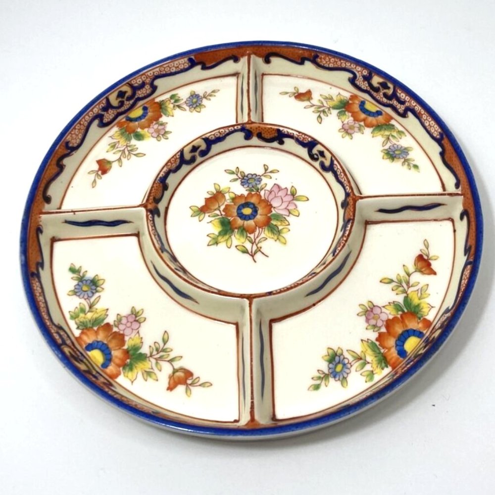1920's Moriyama Mori-machi Hand Painted Poppy Floral Art Deco 5 Section 10" Tray